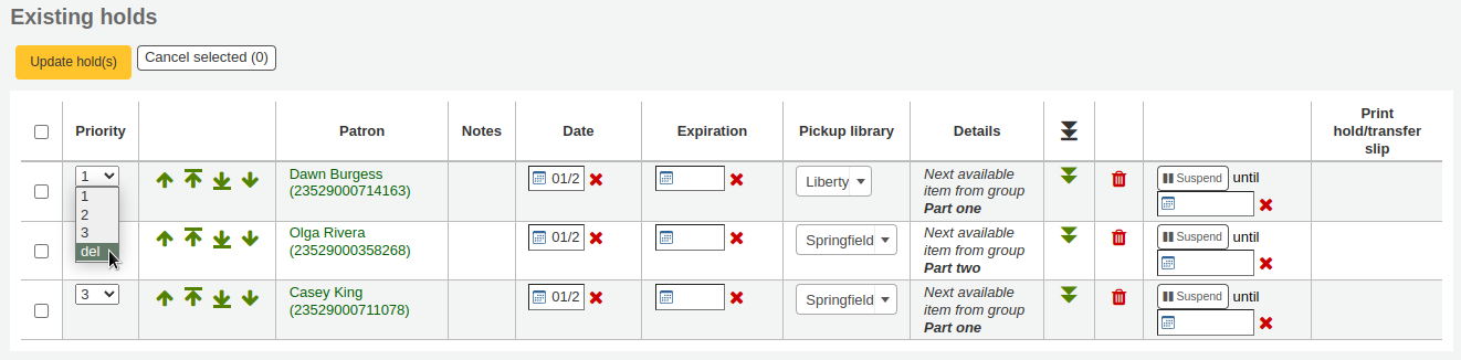 Die Liste der bestehenden Vormerkungen für einen Datensatz, das Dropdown-Menü Priorität ist geöffnet und der Mauszeiger befindet sich auf der Option „Entfernen“.