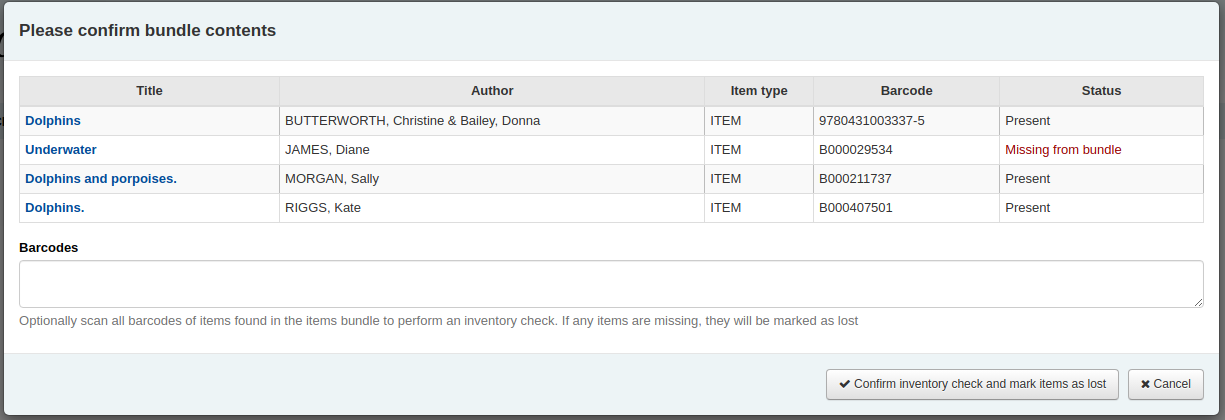 Pop-up „Bitte bestätigen Sie den Paketinhalt für xxxx“, das Pop-up zeigt die Liste der Exemplare, die im Paket sein sollten, mit Titel, Autor, Medientyp, Barcode und Status, mit einem Feld, in dem die Barcodes der gebündelten Exemplare gescannt werden können. Ein Exemplar hat den Status „Fehlt im Paket“, die anderen Exemplare haben den Status „Vorhanden“