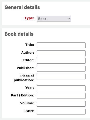 Der obere Teil der neuen Seite für Fernleihbestellungen wird angezeigt, mit dem Typ „Buch“ ausgewählt; ein Abschnitt für Buchdetails wird angezeigt.