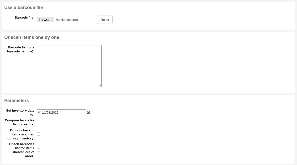 The inventory form, the sections Use a barcode file, Or scan items one by one, and Parameters