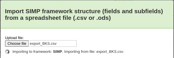 Pop-up, um die Datei für den Import in ein MARC-Framework auszuwählen, darunter befindet sich ein sich drehendes Symbol mit dem Text „Import in das Framework“