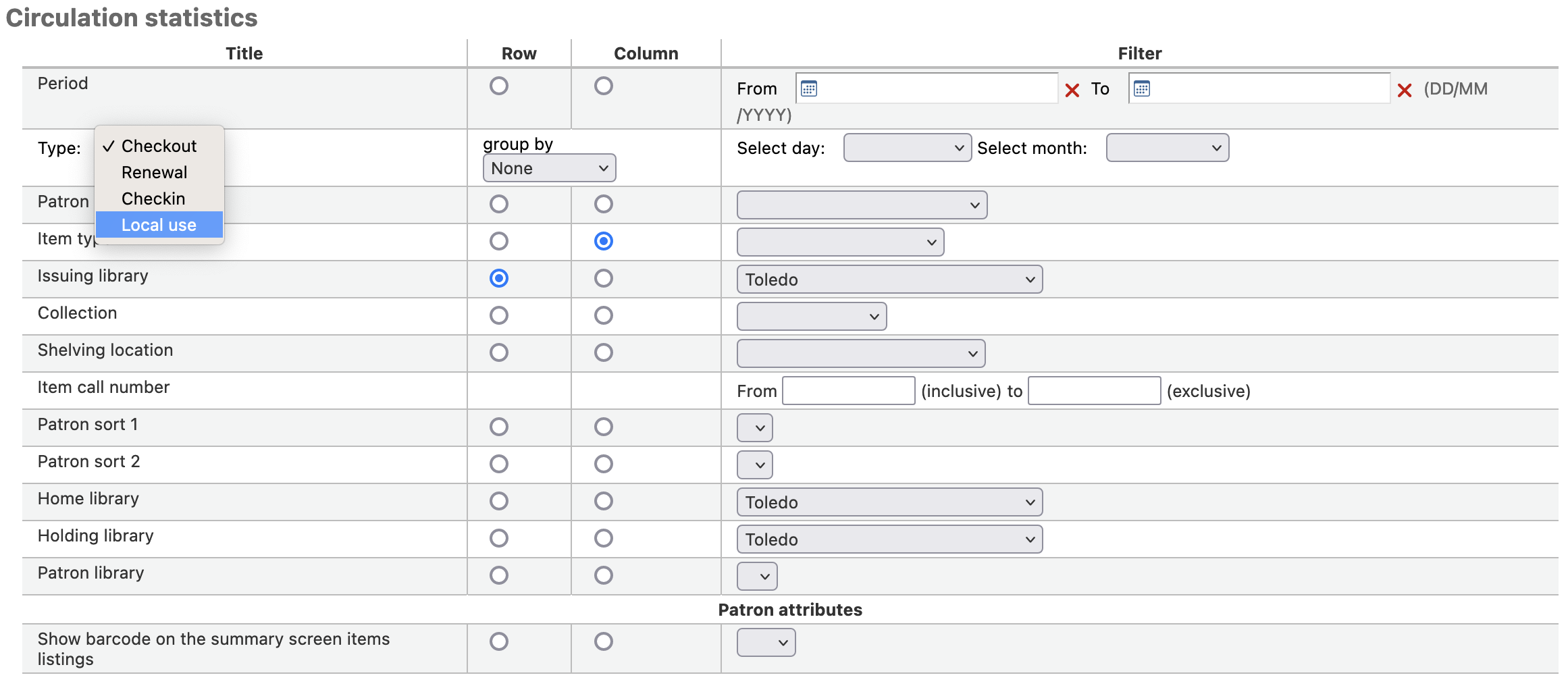 Assistent für die Erstellung von Ausleihstatistiken mit geöffnetem Dropdown-Menü „Typ“ und markierter Option „Lokale Nutzung“.