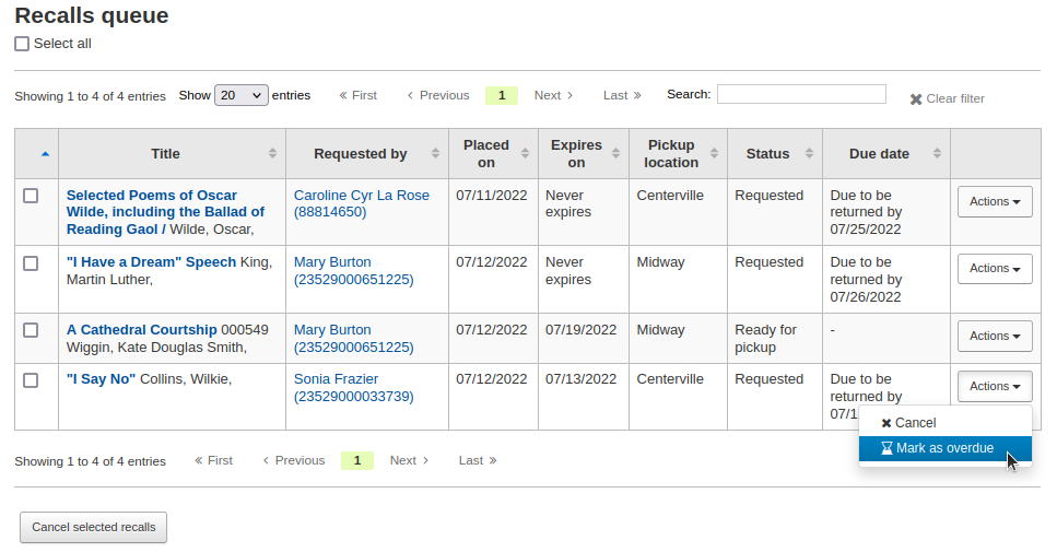 Screenshot of the recalls queue, the Actions button is clicked and the mouse cursor is on the Mark as overdue option.