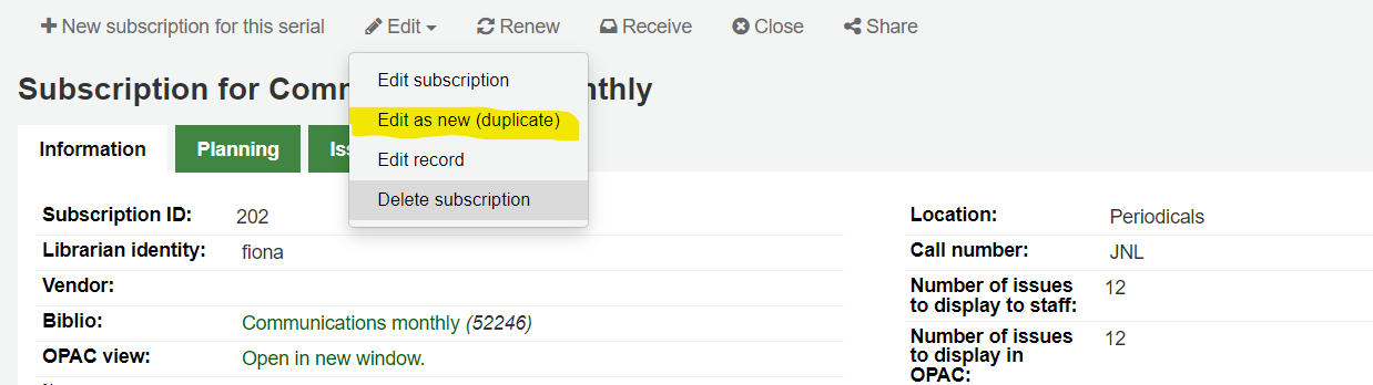 Die "Bearbeiten als neu (kopieren)" Option unterhalb der Schaltfläche Bearbeiten auf der Seite mit den Abonnementdetails
