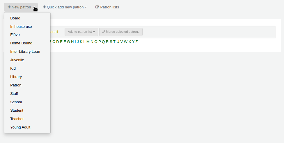 Drop down of patron categories when adding a new patron