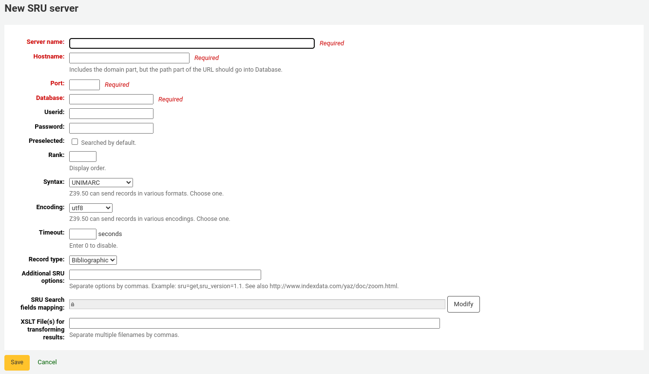 Formular für einen neuen SRU-Server