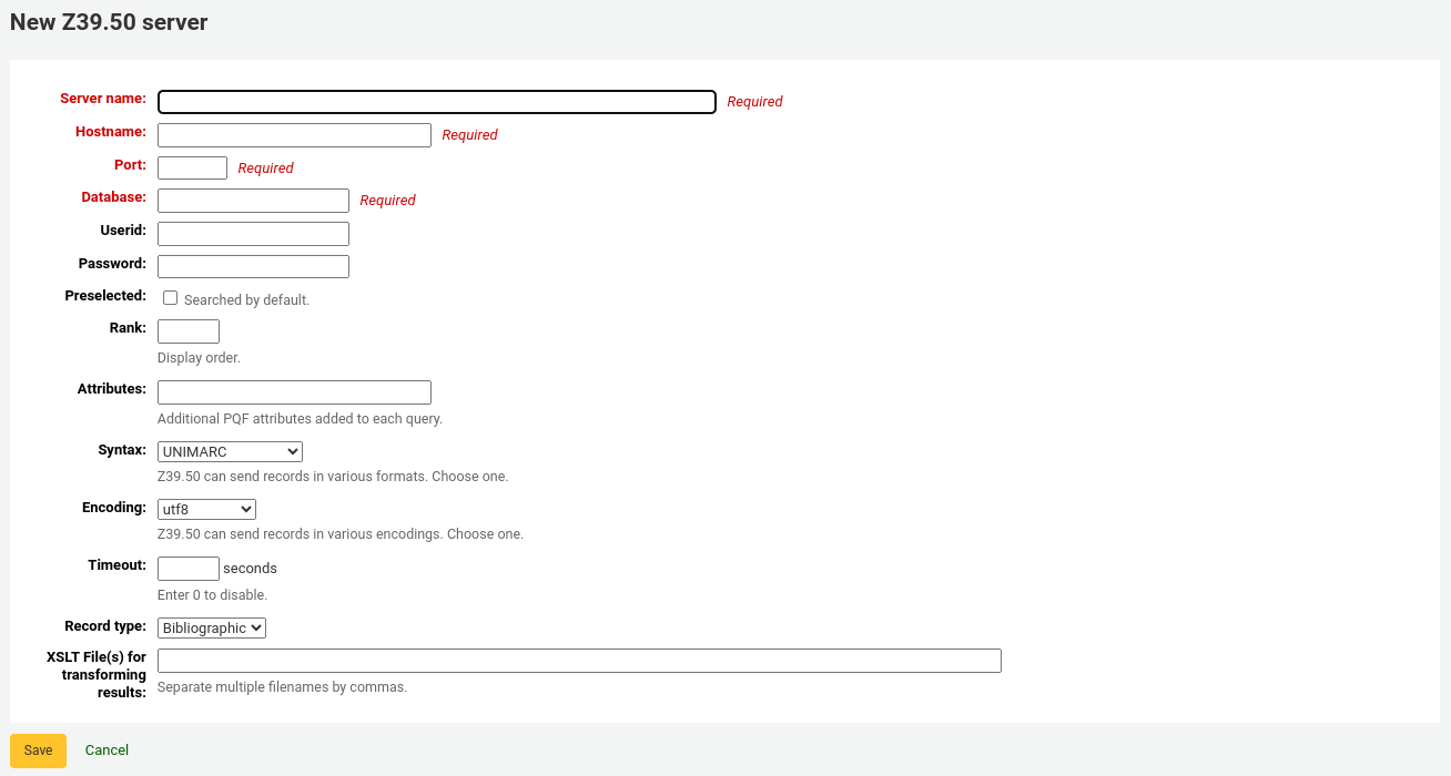 Formular für einen neuen Z39.50/SRU-Server