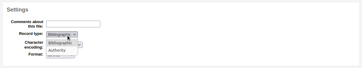Dropdown-Liste für den Datensatztyp: Bibliographisch oder Normdaten
