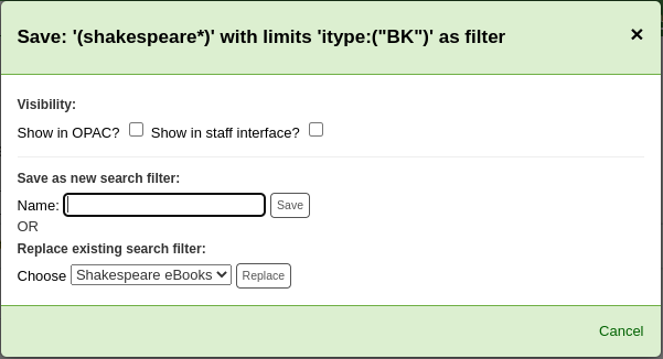 Formular zum Speichern einer Suche als Filter, eine Ersetzungsoption ist verfügbar