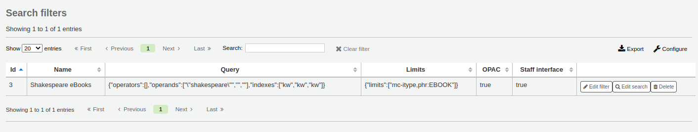 Seite zur Verwaltung der Suchfilter