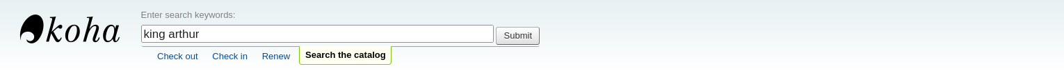 Feld „Katalog durchsuchen“ oben auf der Seite in der Dienstoberfläche mit den eingetippten Worten „king arthur“
