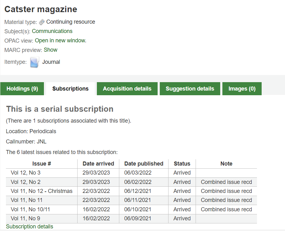 Die Registerkarte „Abonnements“ eines bibliografischen Datensatzes in der Dienstoberfläche