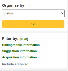 Filter für bibliografische, Anschaffungsvorschlags- oder Erwerbsinformationen von Anschaffungsvorschlägen und eine Option zur Einbeziehung archivierter Anschaffungsvorschläge