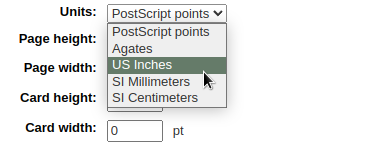 Drop-down-Liste der Maßeinheiten für das Werkzeug zur Erstellung von Benutzerkarten, PostScript Points, Agates, US Inches, SI Millimeter, und SI Zentimeter