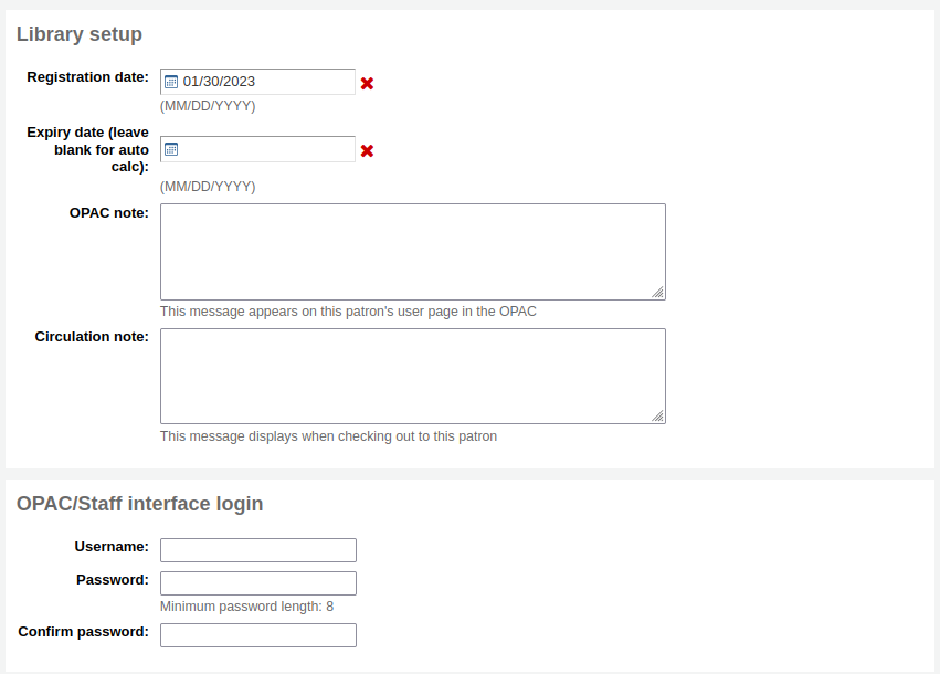 'Library set-up' and 'OPAC/Staff login' sections of the patron form