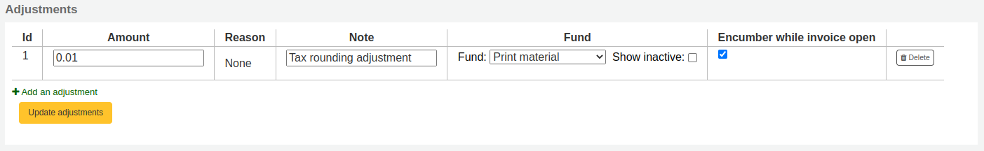 List of adjustments on an invoice