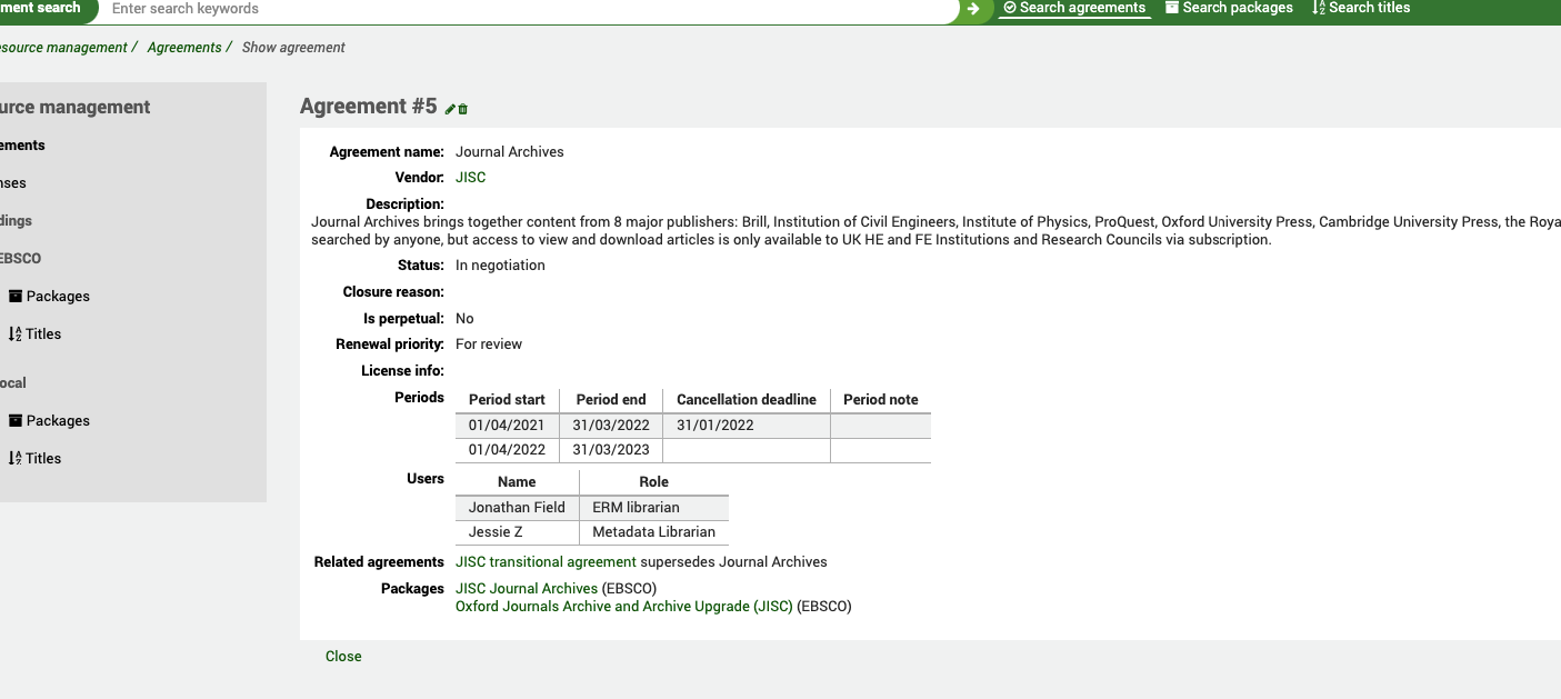 Full view of an agreement, with all the agreement's details.