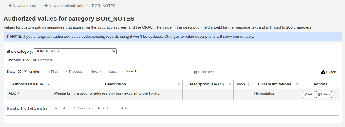 Screen capture of an authorized value for the BOR\_NOTES category; the authorized value is ADDR and the Description is 'Please bring a proof of address on your next visit to the library.' At the top of the page, two buttons 'New category' and 'New authorized value for BOR\_NOTES'