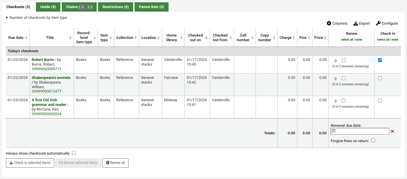 Issues table (circulation summary) in the patron file, the checkbox in the 'Check in' column is checked for one of the items, and at the bottom, the 'Check in selected items' button is enabled