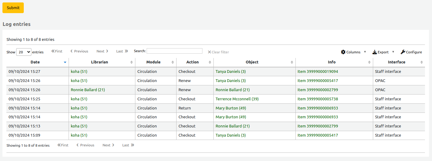 Log viewer results table