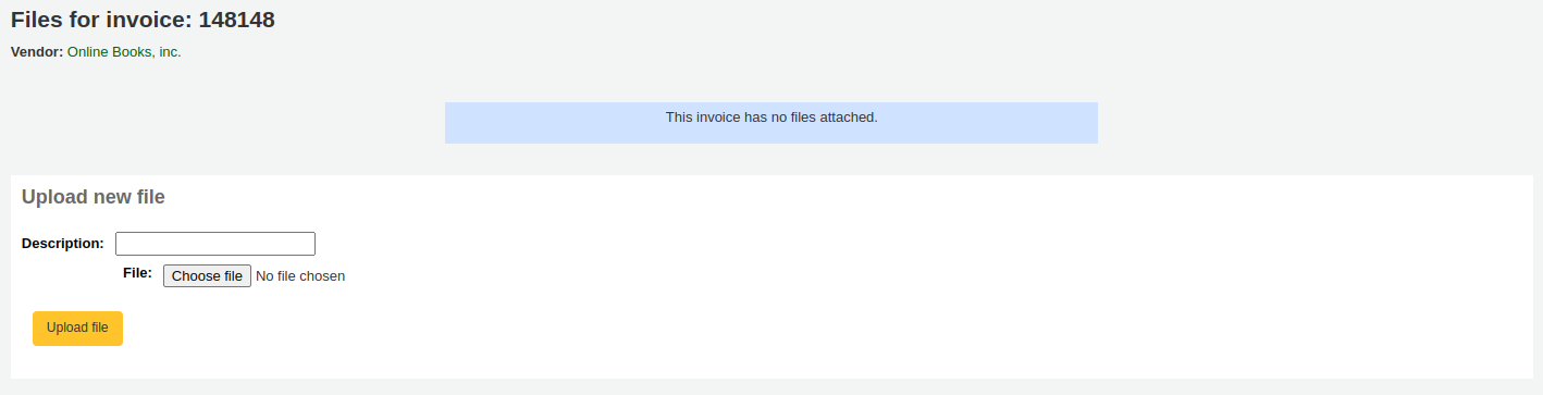 A message says 'This invoice has no files attached.' above a form to upload files