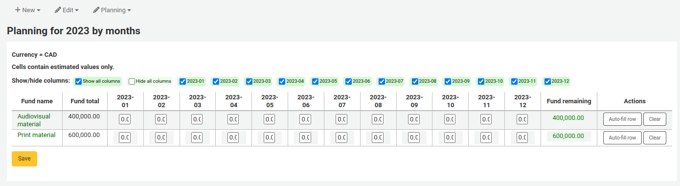 Table for planning fund spending by months, rows are funds, columns are the total amount for the fund, followed by a column for each month, and a column with the remaining amount in the fund. Each row has two action buttons: Auto-fill row, and Clear.