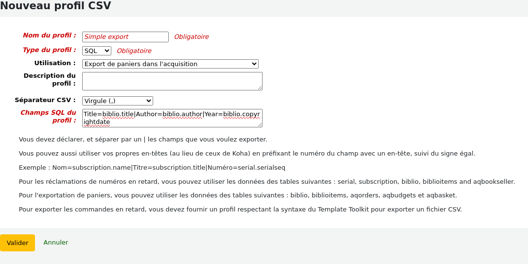 Add new CSV profile form filled with SQL information