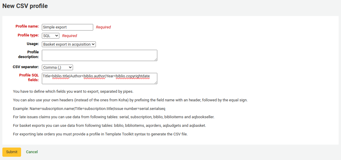 Add new CSV profile form filled with SQL information