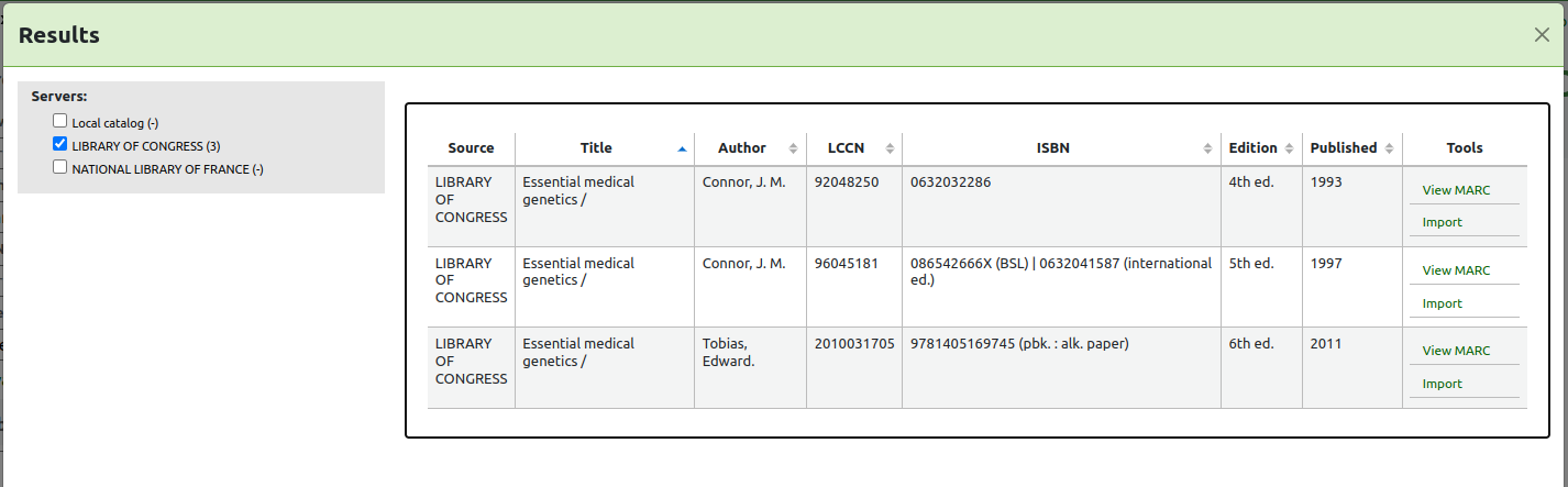 Advanced cataloging editor Z39.50 search results. Servers are listed on the left with the number of results in parentheses. A table shows the results with the source, title, author, LCCN, ISBN, Edition, Published, and Tools. The Tools column contains links to View MARC and Import for each result.