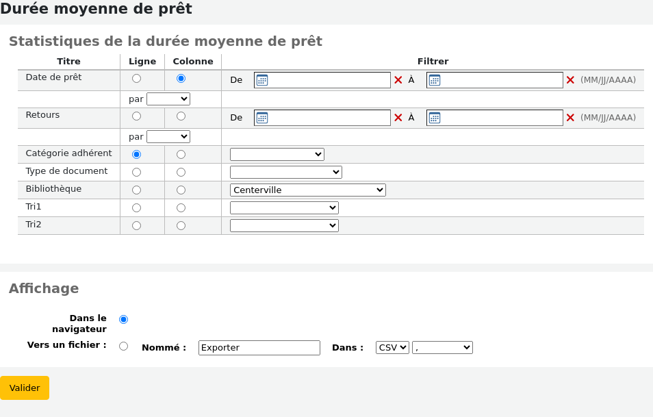 Assistant de création de rapport pour la durée moyenne de prêt, avec des options de choix des paramètres du rapport (date de prêt, catégorie d'adhérent, type de document...)