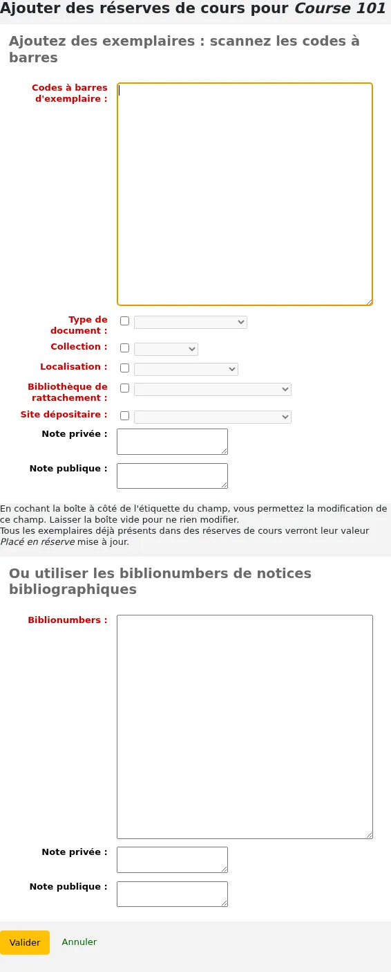 Écran pour ajouter des codes à barres ou des numéros de notice à une réserve de cours