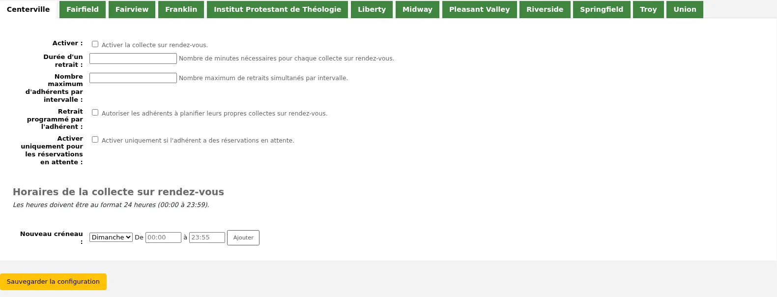 Curbside pickup configuration page, there are tabs at the top of the page for each library in the system, with a form under them
