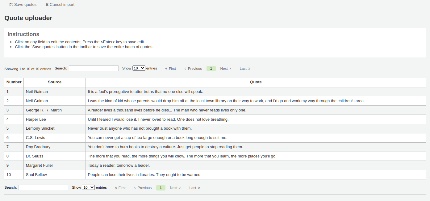 A list of imported quotes in a table