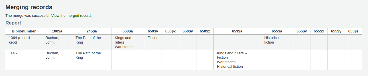 Report of merged records, shown are the biblionumbers of the merged records, as well as various MARC fields