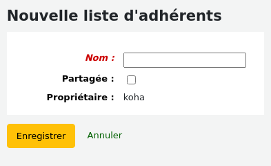 Formulaire d'ajout d'une nouvelle liste d'adhérents
