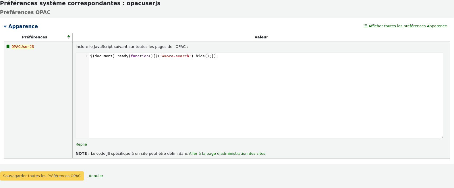 Example of using javascript in the OPACUserJS system preference to add a link to a custom page under the search bar in the OPAC