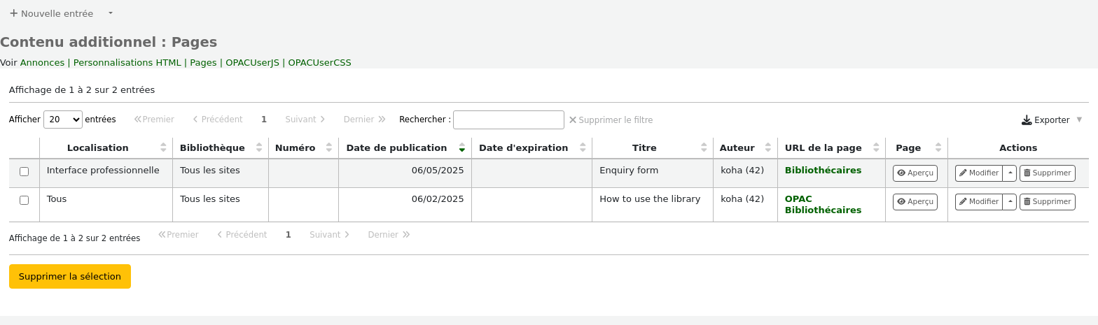 Pages tool main page, with table of current pages