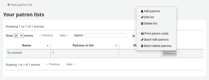 Action menu available on each patron list
