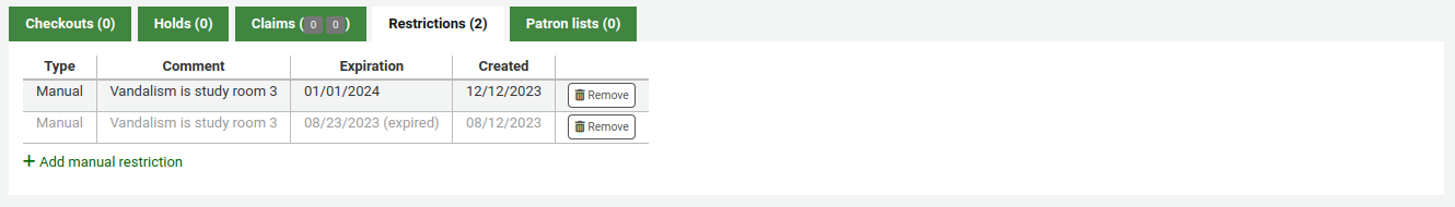 Liste des restrictions actuellement sur la fiche de l'adhérent, avec le type de restriction, le commentaire, la date d'expiration et la date d'ajout. Une des restrictions a expiré et est affichée en gris avec la mention (expirée) à côté de la date