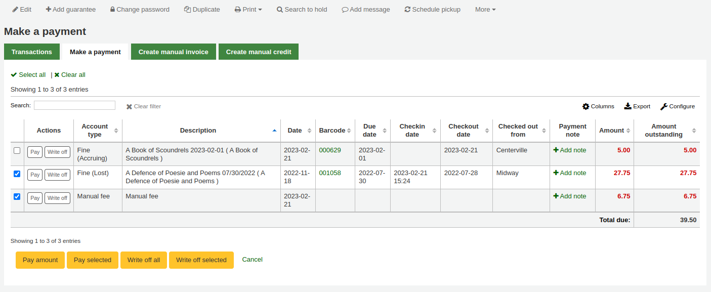 Make a payment tab in the patron's accounting section, two of the three charges are selected