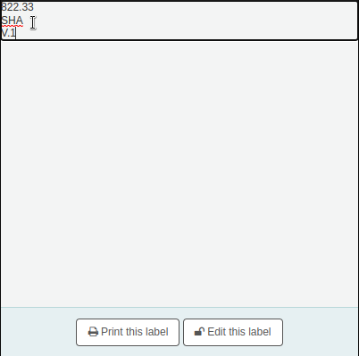 Quick spine label printing page, the callnumber is displayed in the page, and at the bottom, there are two buttons 'Print this label', and 'Edit this label'; The lock icon next to the 'Edit this label' button is unlocked, the mouse cursor is on the callnumber and there are additional characters