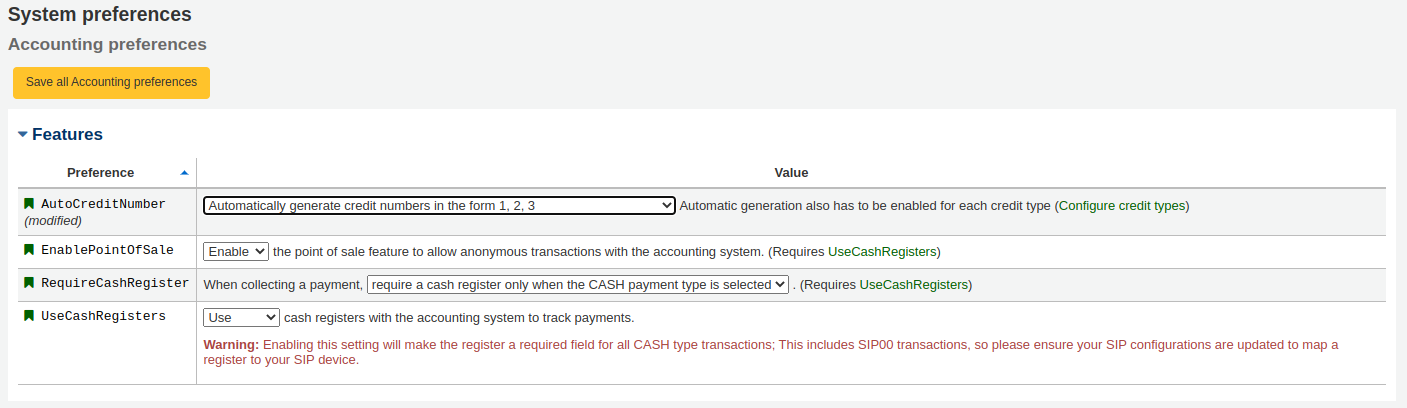 Capture d'écran des préférences système Fonctionnalités de la rubrique Comptabilité. Il y a un marqueur (modifié) à côté de AutoCreditNumber et un bouton en haut du tableau 'Sauvegarder toutes les préférences Comptabilité'