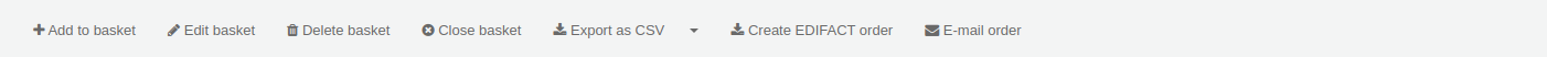 Buttons at the top of the basket page: Add to basket, Edit basket, Delete basket, Export as CSV, E-mail order