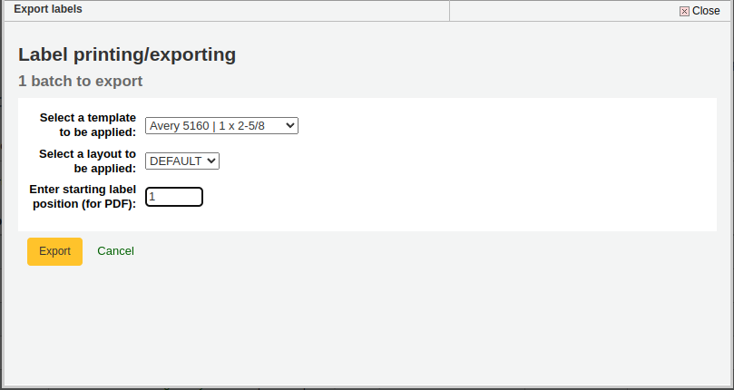 Options for choosing the layout and format of the labels to create, and the starting label