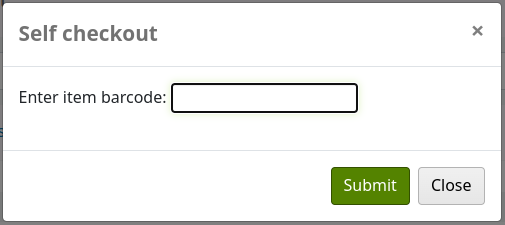 सेल्फ चेकआउट पॉप-अप, प्रॉम्प्ट 'एन्टर आइटम बारकोड' और टेक्स्ट इनपुट फ़ील्ड के साथ। बटन 'सबमिट' और 'क्लोज़' हैं।।
