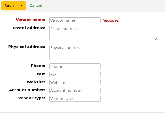 Company details section of the new vendor form