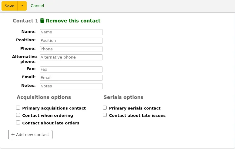Contacts section of the new vendor form