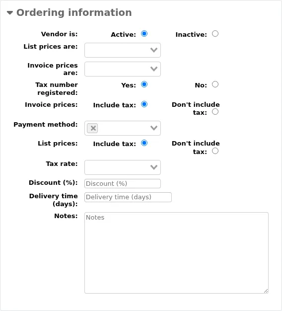 Ordering information section of the new vendor form