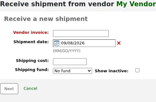 Receive a new shipment form
