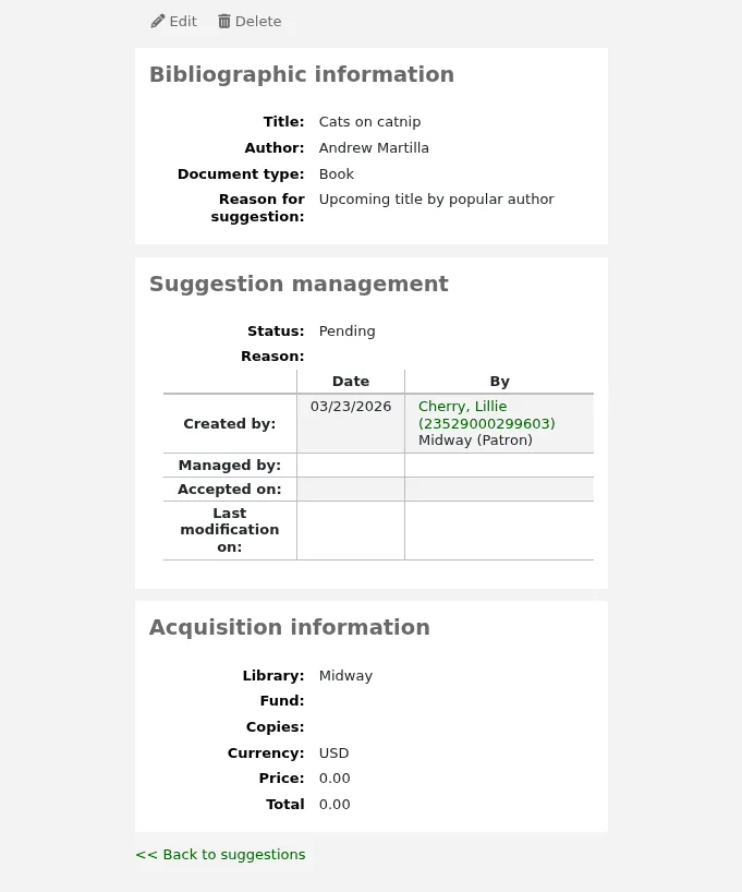 Details page of a purchase suggestion
